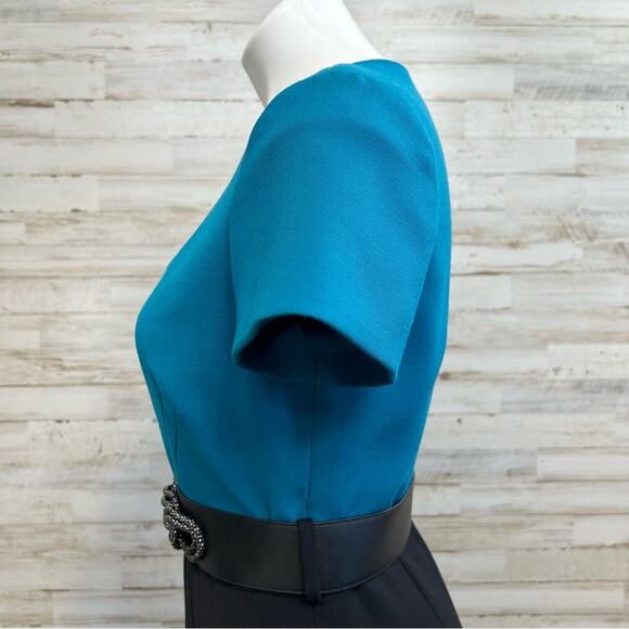 Tahari Arthur S Levine Short Sleeve Belted Dress Size 4 Teal Black Two Tone - Picture 6 of 14